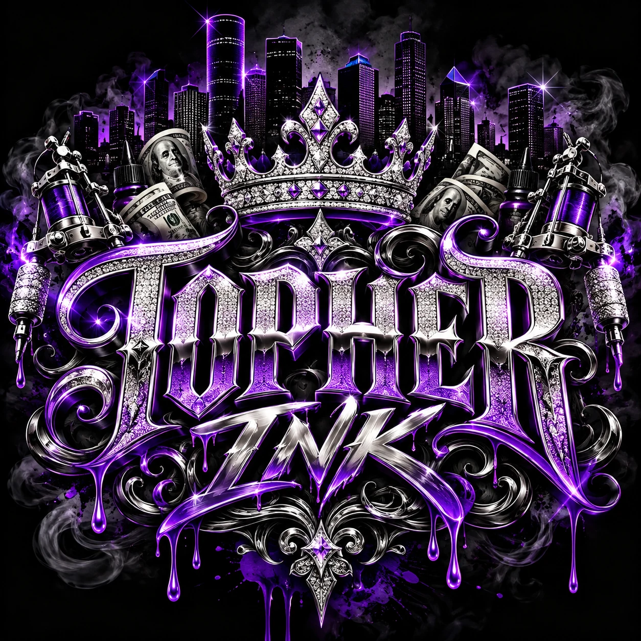 T0PHER INK luxury purple chrome logo with Houston skyline
